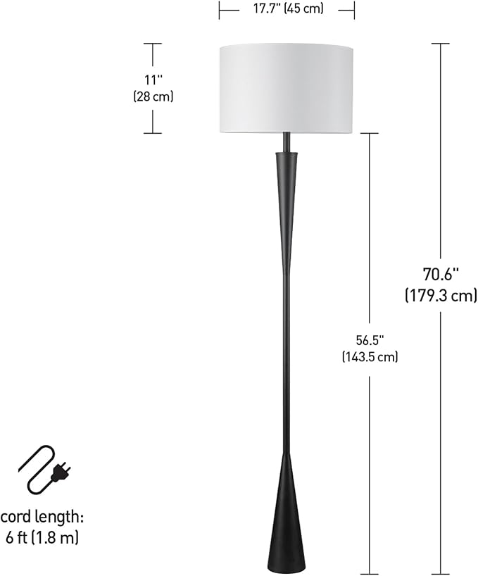 GLOBE Electric 67224 70" Floor Lamp, Matte Black Finish, White Fabric Shade, Modern Tapered Frame, E26 Base, Contemporary Living Room and Bedroom Lighting