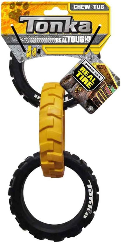 Tonka Three Dog Toy Gift Set - 3in Mega Ball, 7in Axle Tread with Insert Feeder, and 10.5in Rubber Flex Tread 3-Ring Tug - Yellow/Black