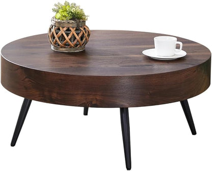LKTART Coffee Table for Living Room, Round Wood Coffee Tables with Storage, Modern Metal Accent Center Tea Table for Apartment Small Space (31Inch-Walnut)