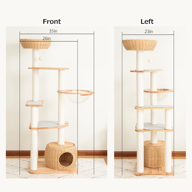 Wooden Cat Tower for Large Cats 63’‘, Modern Multi-Level Condo with Natural Wood, Indoor Cat Furniture for Medium and Big Pets (White 81007s)