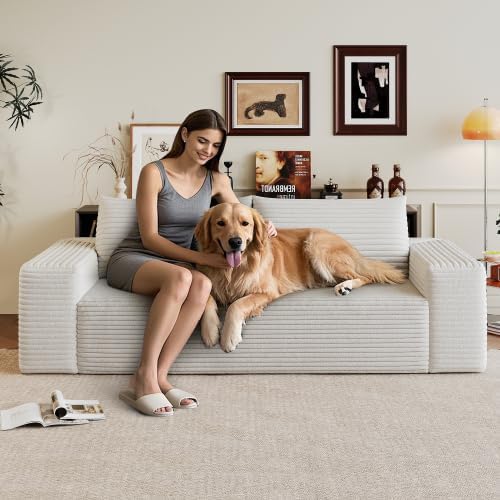 Cloud Loveseat Sofa, Modern Corduroy 2-Seater Couch with Deep Seat, No Assembly Required Memory Foam Sofa, Boneless Sofa in a Box for Bedroom, Apartment, Office,Small Space (White,63in)