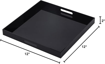 Glossy Black Acrylic Serving Tray with Handles 12x12 Inch -Spill Proof- Decorative Trays Countertop Organizer for Ottoman,Nightstand, Sidetable, Butler (12X12 Inch, Black)