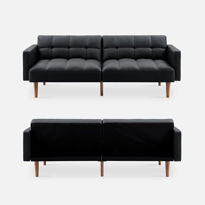 mopio 76.4" Futon Sofa Bed, Couch, Loveseat, Sleeper Sofa, Mid Century Modern Futon Couch, Sofa Cama, Couches for Living Room (Aaron PU, Midnight Black)