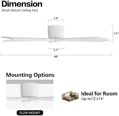 WINGBO 48" Flush Mount DC Ceiling Fans Without Lights, 5 Carved Solid Wood