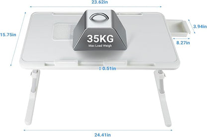 iXTRA Laptop Lap Desk with Cooling Fan - Adjustable with Light, USB, Storage Drawer - Folding Bed Desk,23.62"*15.74",White
