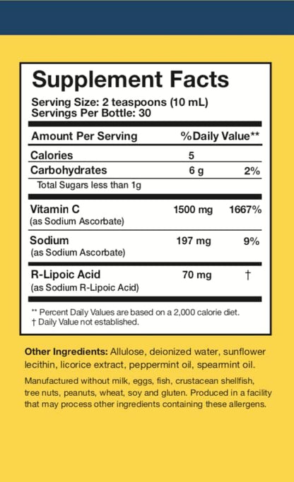 Researched Nutritionals C-RLA - Liposomal Vitamin C with R Lipoic Acid to Support Detox - Vegan & Soy-Free Vitamin C Liquid, Peppermint Flavor (10 Fl Oz)