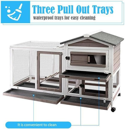 Rabbit Hutch Indoor Outdoor Two Story Bunny Hutch with Wheels Guinea Pig Cage with Removable No Leaking Tray Wooden Pet House