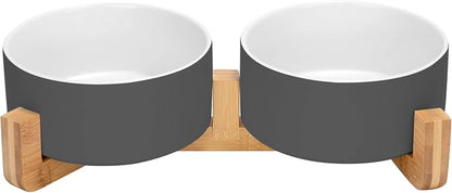 SPUNKYJUNKY Ceramic Dog and Cat Bowl Set with Wooden Stand, Modern Cute Weighted Food Water Set for Small Size Dogs (13.5OZ) & Medium Sized Dogs (28.7OZ) & Cats (3.6 Cups, 2 × White-Grey)