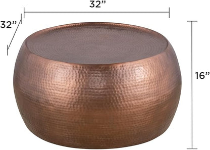CT501 Modern Contemporary Round Aluminum Material 32" Coffee Table, Farmhouse Table with Glossy Hand Hammered Design Antique Copper