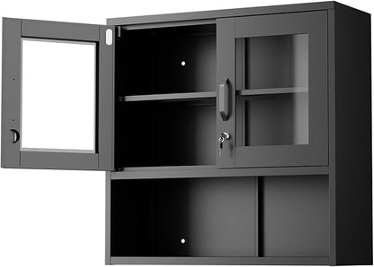 VINGLI Metal Wall Cabinet with Locking Glass Doors & Magnetic LED Sensor Light