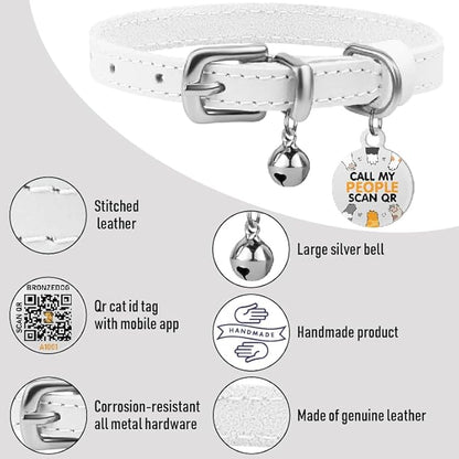 BRONZEDOG Leather Cat Collar with Removable Bells Non Breakaway Kitten QR Tag for Girl Boy (9" - 12" Cats/Mini Dogs, White & Silver)
