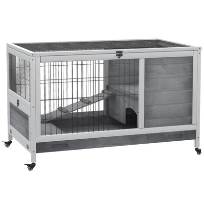 PawHut Indoor Rabbit Enclosure, Wooden Elevated Cage Habitat With Enclosed Run With Wheels - Ideal For Rabbits And Guinea Pigs
