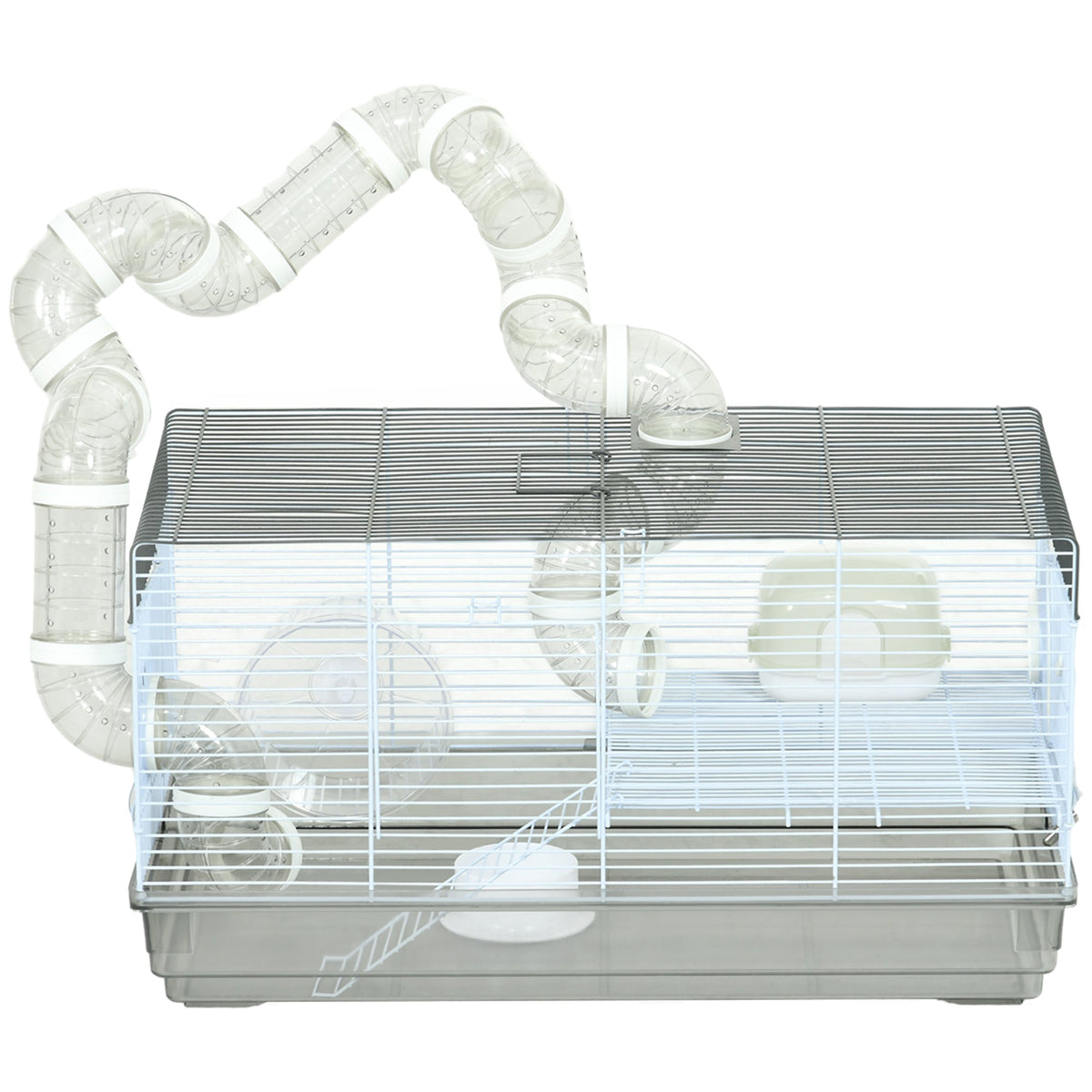 Small Animal Cage for Gerbil or Dwarf Hamster w/ Tubes, Exercise Wheel, Food Dish, Water Bottle, 23" x 13" x 12", Gray