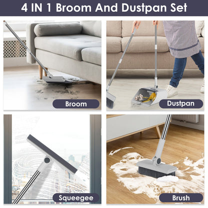 1Set Broom And Dustpan Combo Set With Squeegee Stainless Steel Handle 4 In 1 Upright Standing Broom And Dust Pan For Indoor Outdoor Garage Kitchen Room Office Sweeping