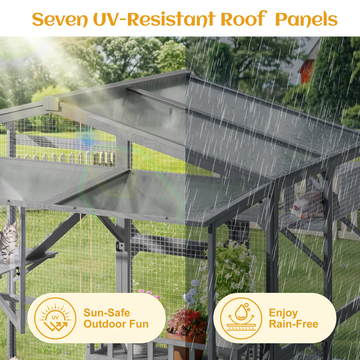 Large Outdoor Catio for 6-10 Cats, Pine Wood Cat Cage Outdoor with Weatherproof Roof, 6 Platforms, Climbing Ramp, 1 Resting Box and Cat Scratching Post, Outdoor Cat House with Storage Shelves, Grey