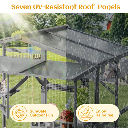 Large Outdoor Catio for 6-10 Cats, Pine Wood Cat Cage Outdoor with Weatherproof Roof, 6 Platforms, Climbing Ramp, 1 Resting Box and Cat Scratching Post, Outdoor Cat House with Storage Shelves, Grey
