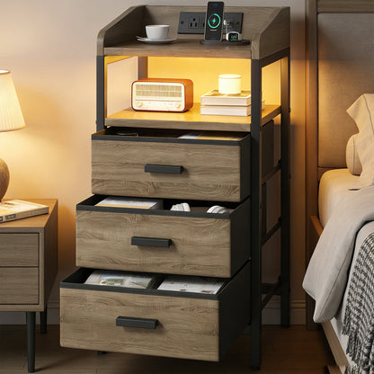 2 Pack Night Stand With Charging Station And Light Bedside End Table With 3 Fabric Drawers 2 USB Ports And Outlets For Bedroom