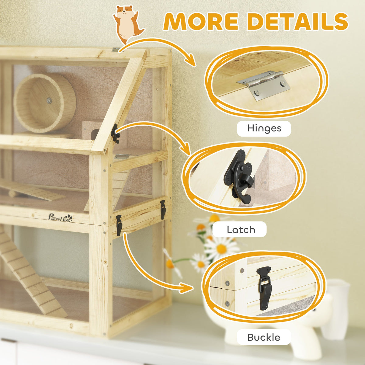 3 Tier Wooden Hamster Cage w/ Detachable Bottom, Hut, Seesaw, Exercise Wheel, Ramps, 24" x 16" x 29.5"