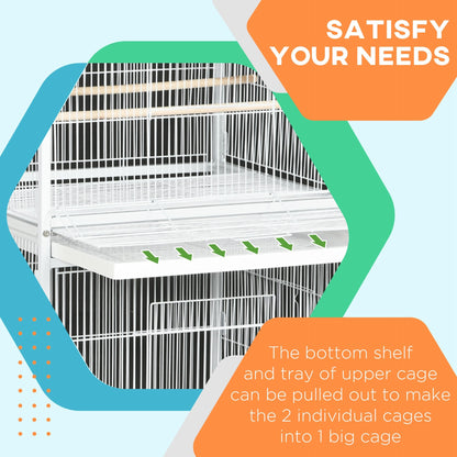 Wrought Metal Bird Cage Feeder with Rolling Stand Perches Food Containers Doors Wheels 67" H, White