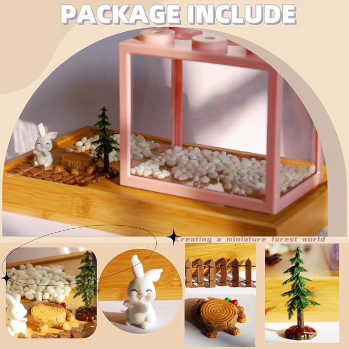 Small Betta Fish Tank, Stackable Mini Aquarium Tank Kit with Aquarium Gravel & Forest Micro Landscape, 0.6 Gallon Acrylic Cube Fish Bowl for Sea Monkeys Shrimp Snails (Pink)