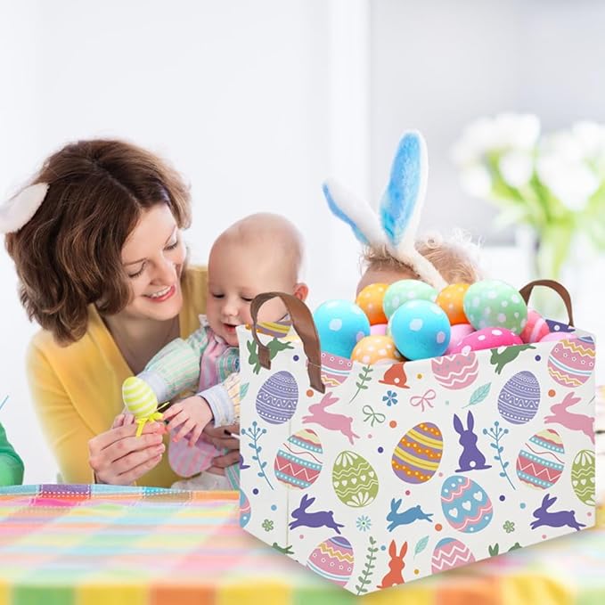 FXOLCSHE Rectangular Easter basket,Nursery Hamper,Collapsible waterproof baby toy storage box for Kids,Toy Organizer,Home Decor,Gift Baskets(Cute egg)