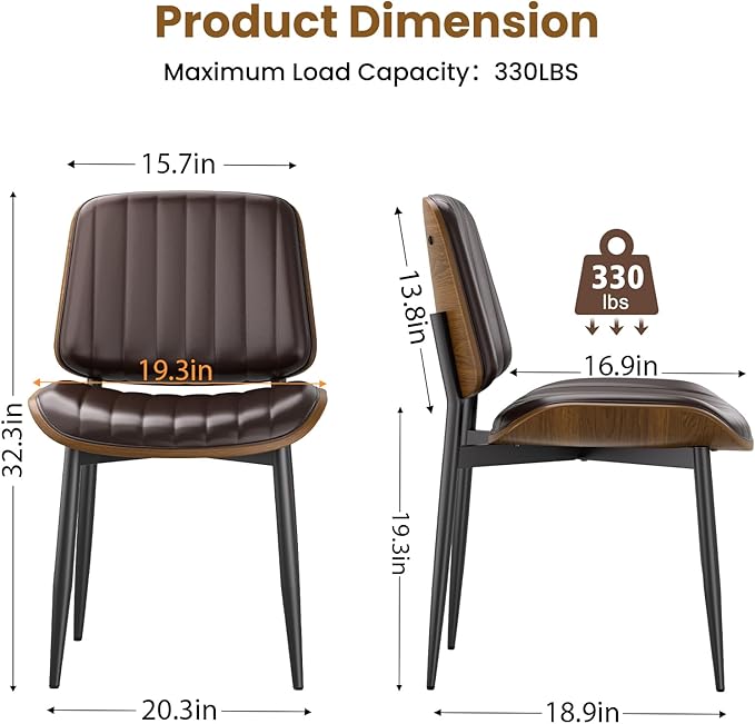 YaFiti Dining Chairs Set of 6, Mid Century Modern Dining Room Kitchen Chairs, Upholstered PU Leather Vertical Stripe Chairs for Vanity with Walnut Bentwood and Metal Legs, Brown