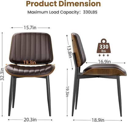 YaFiti Dining Chairs Set of 6, Mid Century Modern Dining Room Kitchen Chairs, Upholstered PU Leather Vertical Stripe Chairs for Vanity with Walnut Bentwood and Metal Legs, Brown