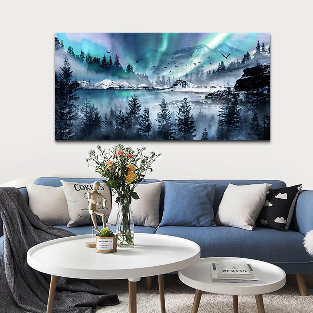 hyidecorart Canvas Wall Art For Living Room Large Wall Decorations For Office Stretched And Framed Canvas Prints Paintings Blue Aurora Scenery Pictures Artwork Ready To Hang Hotel Mural Wall Decor