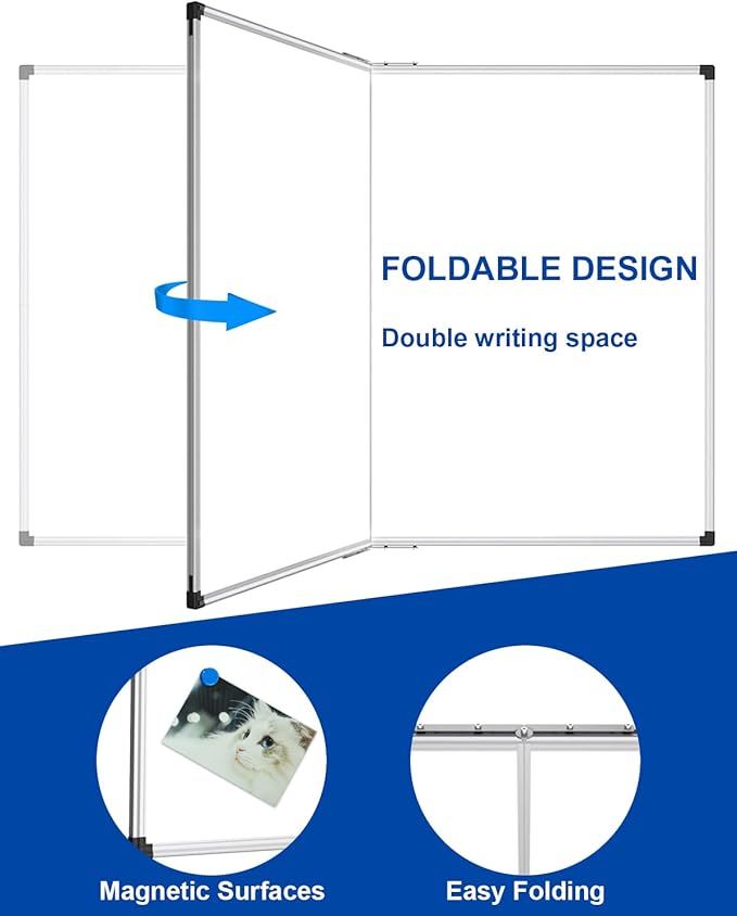 XBoard Magnetic Dry Erase Board 48 x 36 Inch, 4' x 3' Foldable White Board for Wall with Marker Tray, Silver Aluminum Frame Folding Message Presentation Board