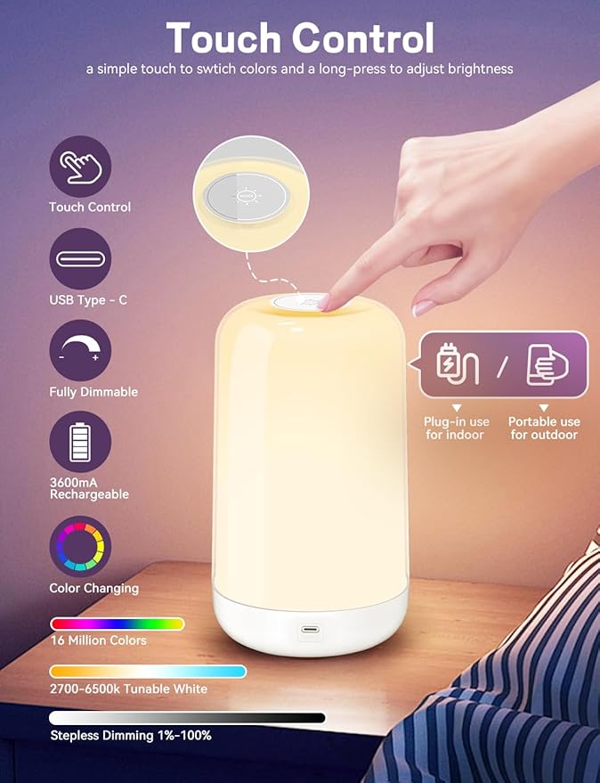 Smart Touch Bedside Table Lamp [Multi-Color & Warm Lights], 3600mA Cordless Small Table Lamp Rechargeable, 7 Colors & Fully Dimmable LED Night Lights for Bedroom Nightstand Nursery Living Room