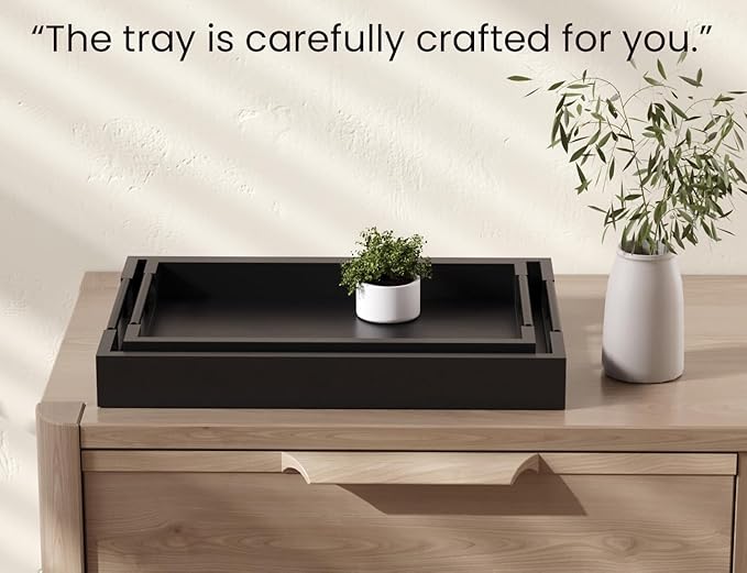 Bamboo Set of 2 Serving Tray with Metal Handles,Ottoman Decorative Trays Platter for Coffee Table,Living Room,Bar,Party(Black)