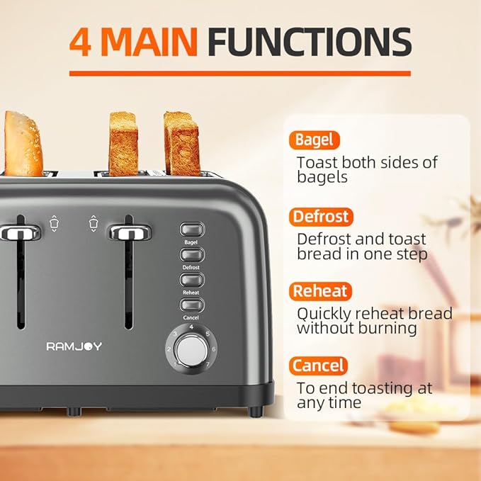 Grey Toaster 4 Slice, Dual Independent Controls, Extra Wide Slot Toasters