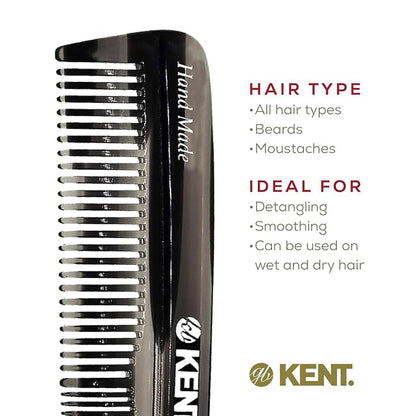 Kent R7TG Black Graphite Double Tooth Hair Pocket Comb, Small Fine/Wide Tooth Comb For Styling Hair, Beard and Mustache, for Men, Women and Kids. Saw Cut and Hand Polished. Handmade in England