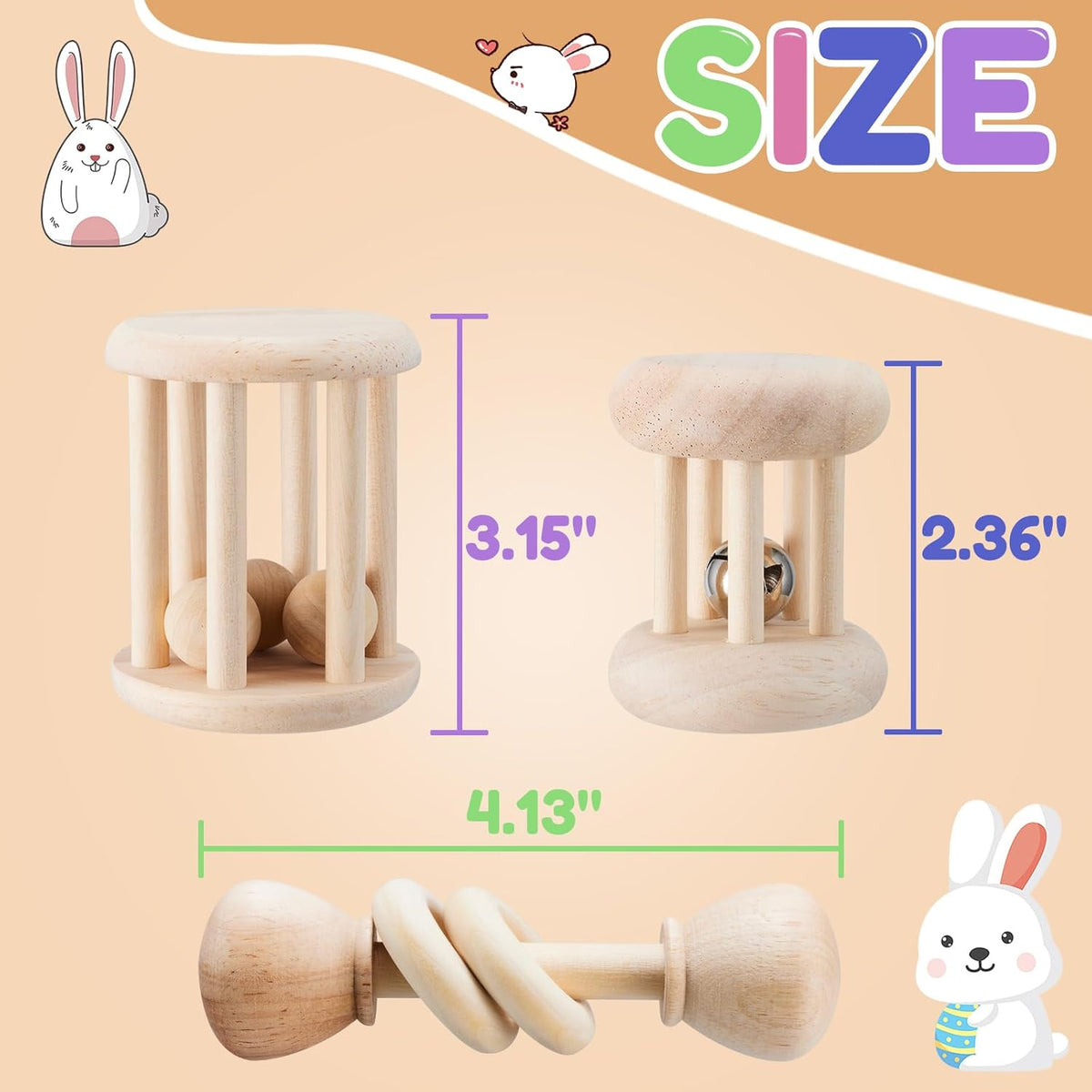 3 Pcs Wooden Bunny Toys - Safe Rabbit & Guinea Pigs Teeth Grinding Toys for Chinchillas, Hamsters & Small Animals - Indoor & Outdoor