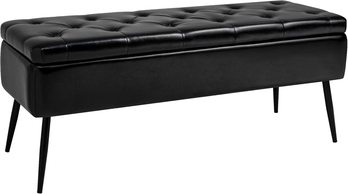 Leather Storage Ottoman Bench,End of Bed Bench for Living Room Bedroom Dinning Room Entryway,Mid-Century Modern,Faux Leather,with Steel Legs,Safety Hinges, Loads 660 lb (with Button, Black)