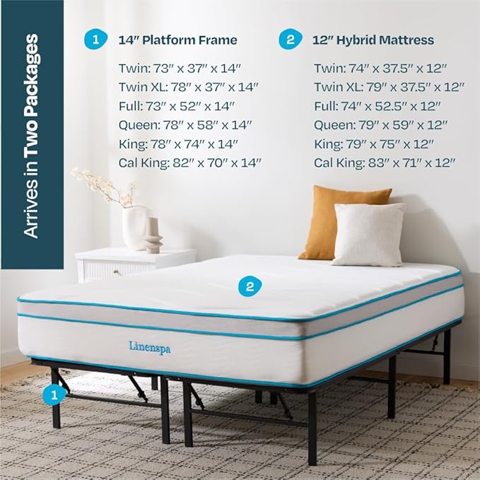 Linenspa 12” Memory Foam and Innerspring Hybrid Mattress + 14” Black Metal Platform Bedframe – Queen Mattress + Metal Folding Queen Bedframe