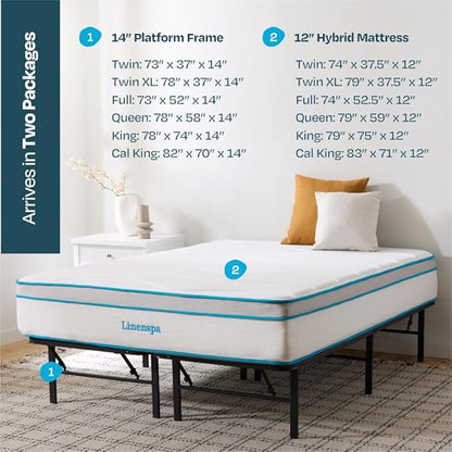 Linenspa 12” Memory Foam and Innerspring Hybrid Mattress + 14” Black Metal Platform Bedframe – Queen Mattress + Metal Folding Queen Bedframe