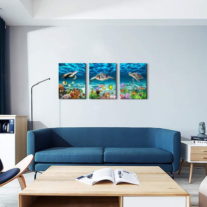 Canvas Wall Art for Living Room Large Size Wall decor for Bedroom Bathroom Wall Decoration blue Ocean Sea Turtle Paintings Modern shark Pictures Artwork office Decor Ready to Hang 16" x 24" 3 Piece