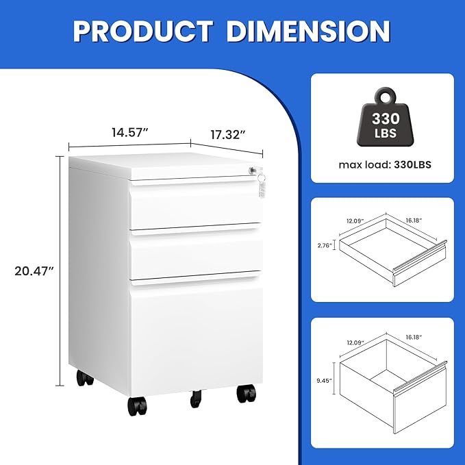 MIIIKO White Filing Cabinet 3 Drawers on Wheels Under Desk, Metal Rolling File