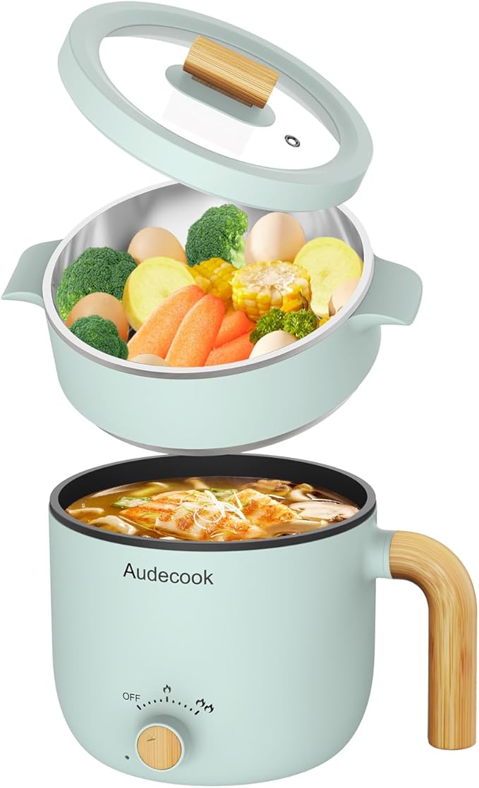 Audecook Hot Pot Electric with Steamer, 1.5L Portable Nonstick Mini Multicooker