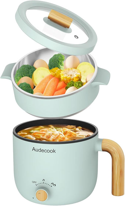Audecook Hot Pot Electric with Steamer, 1.5L Portable Nonstick Mini Multicooker