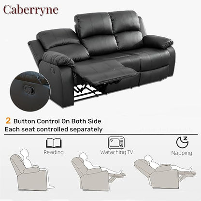Caberryne Leather Recliner Sofa，Reclining Sofa for Living Room Furniture Sets，Black Wall Hugger Recliner Couch with Cupholder for Living Room/Office/Theater Seating(3 Seater Sofa)