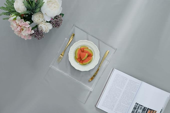 Clear Sturdy Acrylic Serving Tray with Handles-12x12 Inch-Serving Coffee,Appetizer,Breakfast,Butler-Kitchen Countertop Makeup Drawer Organizer-Vanity Table,Ottoman Tray