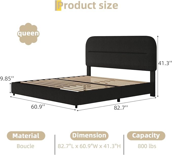 HOMBCK Bed Frame Queen Size, Boucle Upholstered Platform Queen Bed Frame with Headboard, Soft Headboard with Rounded Corners Design, Wood Slats, No Box Spring Required, Easy Assembly, Black