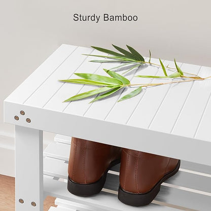 Pipishell Bamboo Shoe Rack Bench, 3-Tier Sturdy Shoe Organizer, Storage Shoe Bench, Holds up to 300lbs for Entryway Bedroom Living Room Balcony (White)
