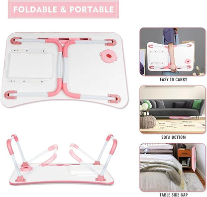 Laptop Bed Table, Foldable Laptop Desk Bed Tray with Storage Drawer, Lap Desk TV Tray for Breakfast Serving, Notebook Stand Reading Holder with Phone Slot and Cup Holder for Sofa Couch Floor-Pink