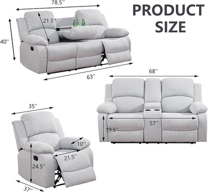 Manual Recliner Sofa Set,Microfiber Reclining Couch Set,Modern Living Room Furniture Set,Reclining Sofa Couch Chair for Living Room Home Office(Grey/White,Sofa+Loveseat)