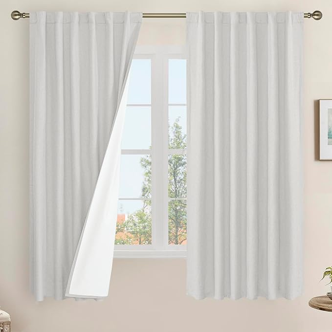 LAMIT Light Grey 100% Blackout Linen Curtains, 63 Inches Linen Textured Thermal