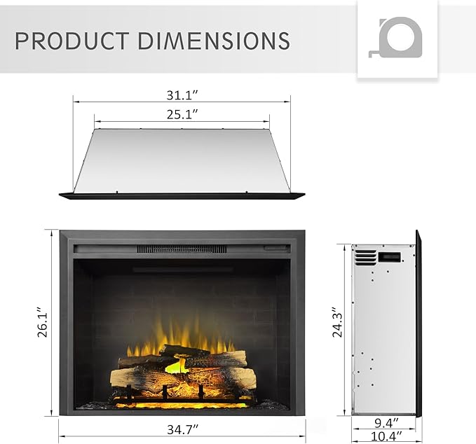 LegendFlame Carl 35" W Electric Fireplace Insert, Fireplace Heater 750/1500W