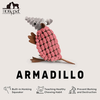 Hollypet Plush Dog Squeaky Toy Stuffed Armadillo Animal Pet Puppy Chew Toys with Clean Teeth for Small Medium Large All Breed Sizes Dogs, Bright Pink, 6 in